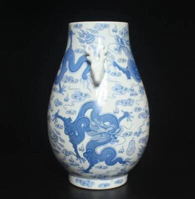 39.5CM Qianlong Singed Chinese Blue & White Porcelain Vase Zun w/ dragon