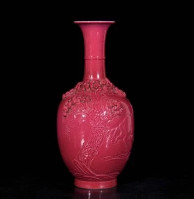 Pair Qianlong Signed Old Chinese Carmine Red Glaze Vase w/horse N3699