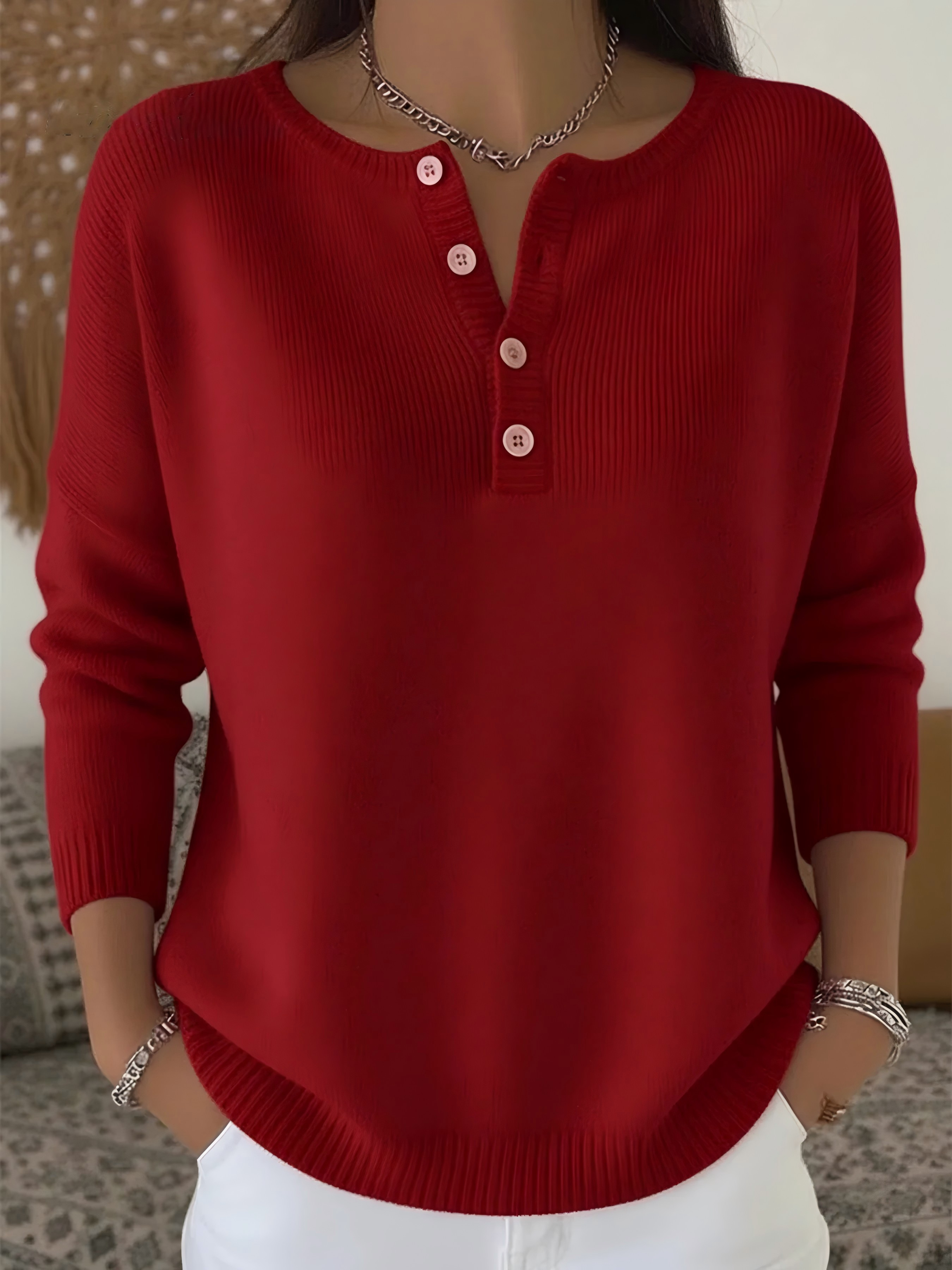 🌲 SALE🔥 Women's Soft Solid Color Henley Collar Sweater Top
