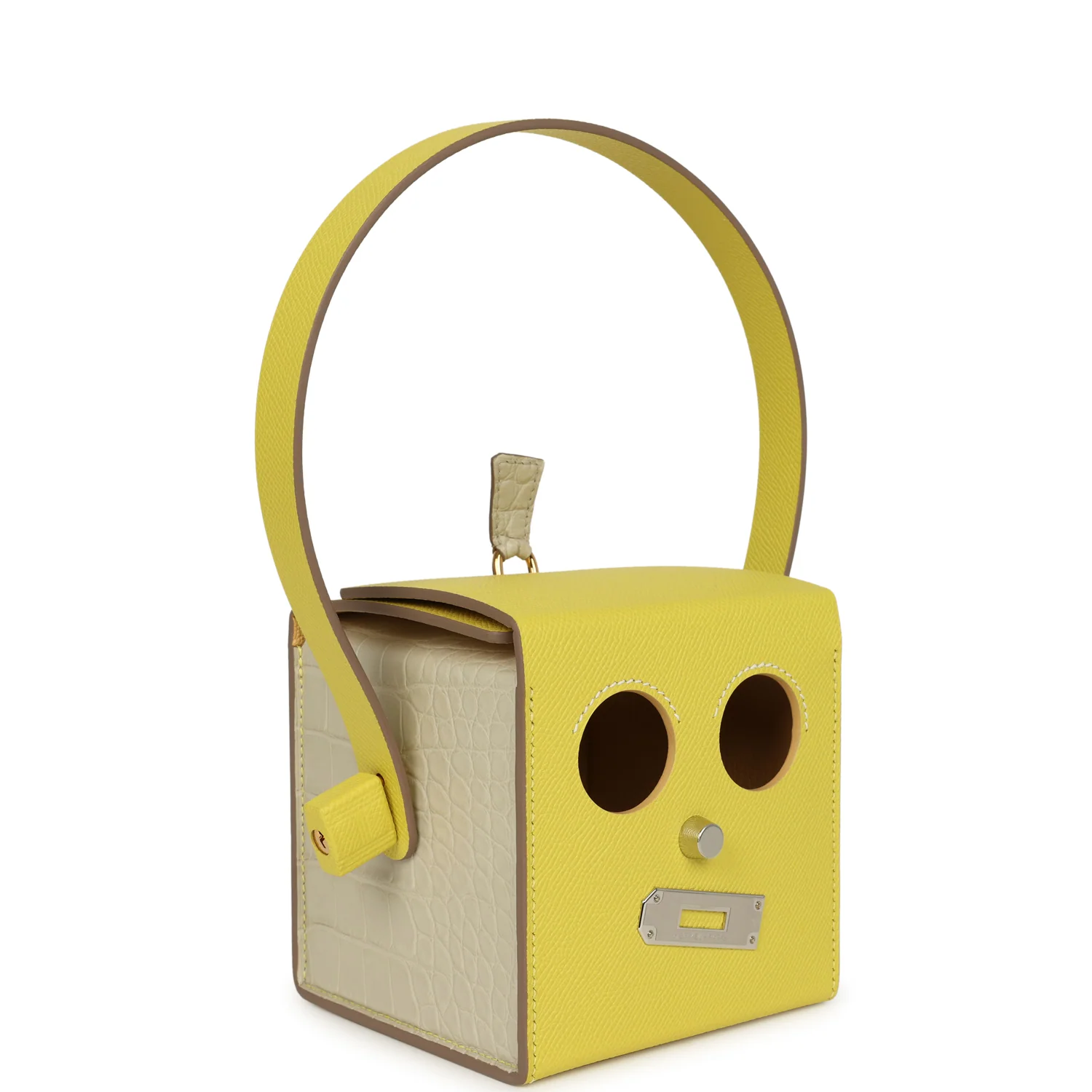 HERMÈS Petit H Robot Cube Minaudiere Jaune Citron Epsom, Beton