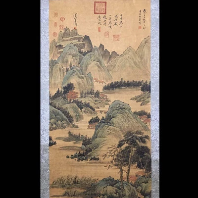 Chou Ying Signed Chinese Hand Painted Calligraphy Scroll w/landscape N4187