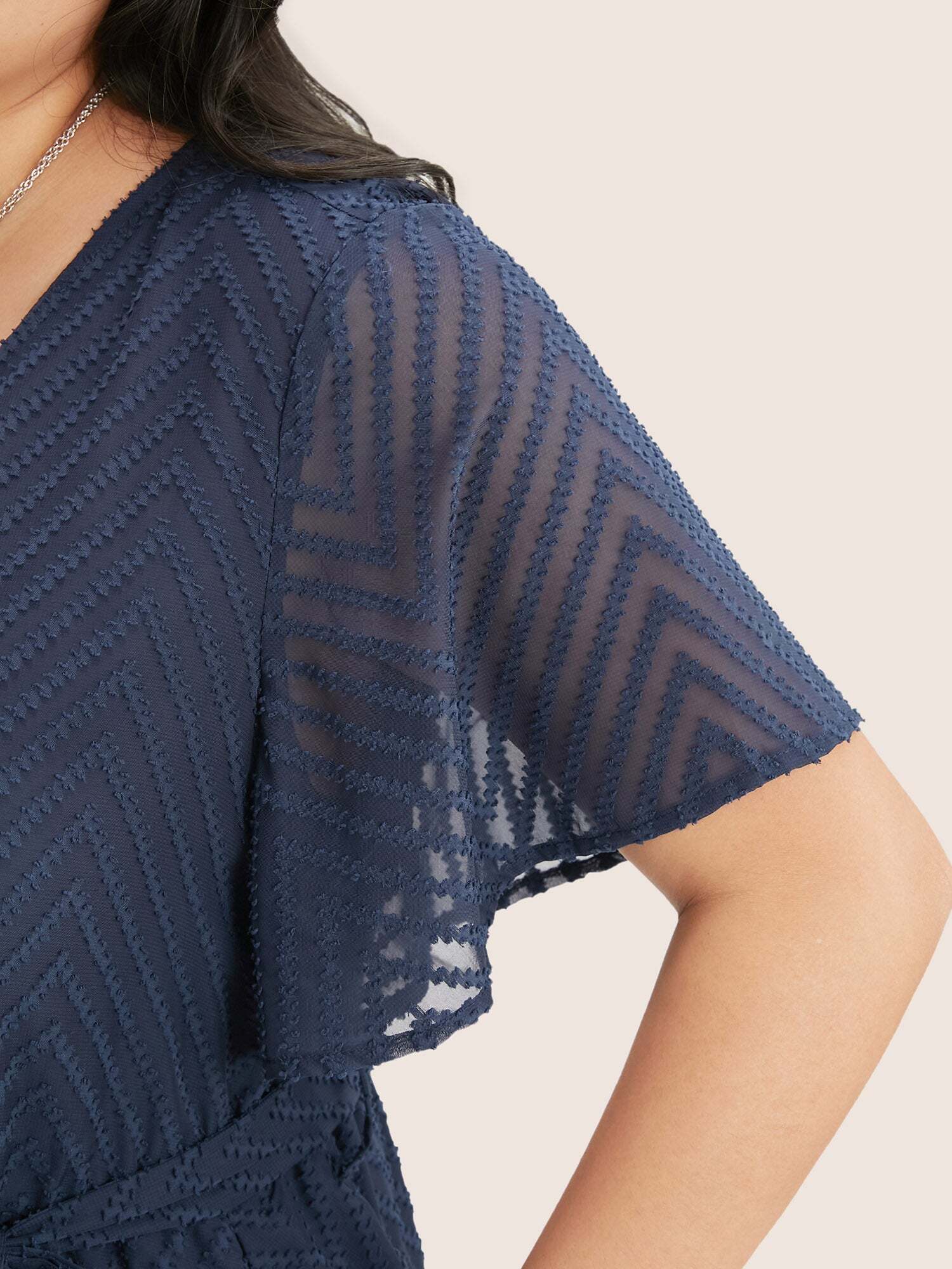 Plain Geometric Pocket Mesh Ruffle Sleeve Belted Wrap Dress