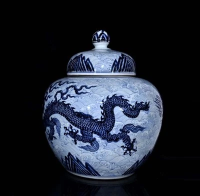 Xuande Signed 40CM Old Chinese Blue and White Pot W/dragon N4321