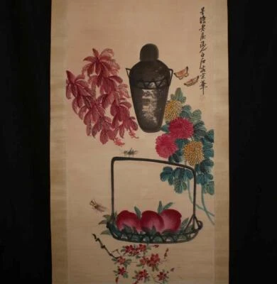 Qi Baishi Signed Old Chinese Hand Painted Scroll w/peach