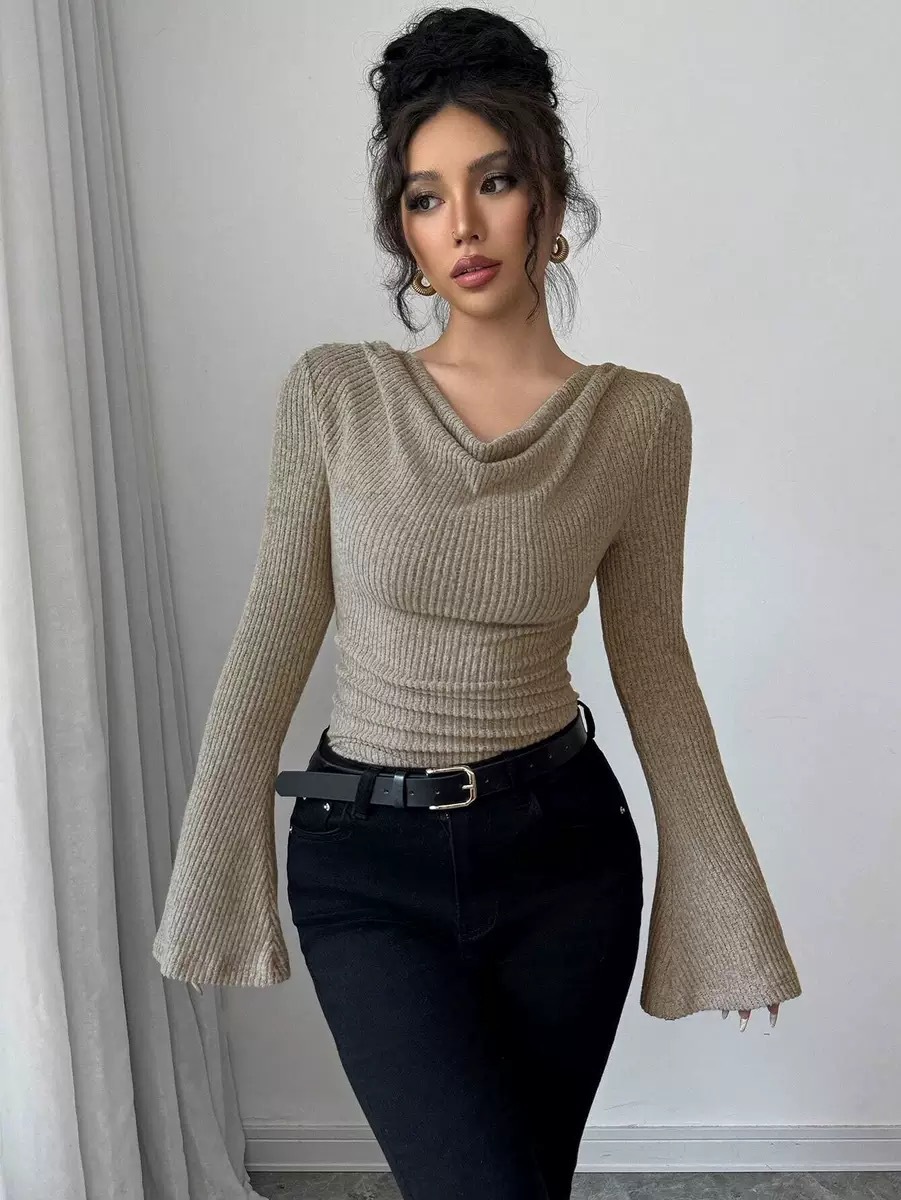 2026 Autumn/Winter European and American Cross-Border Women's Ribbed Base Shirt, Off-Shoulder Slim-Fit Knitted Long-Sleeve Top, Hot-Selling Commuter Style