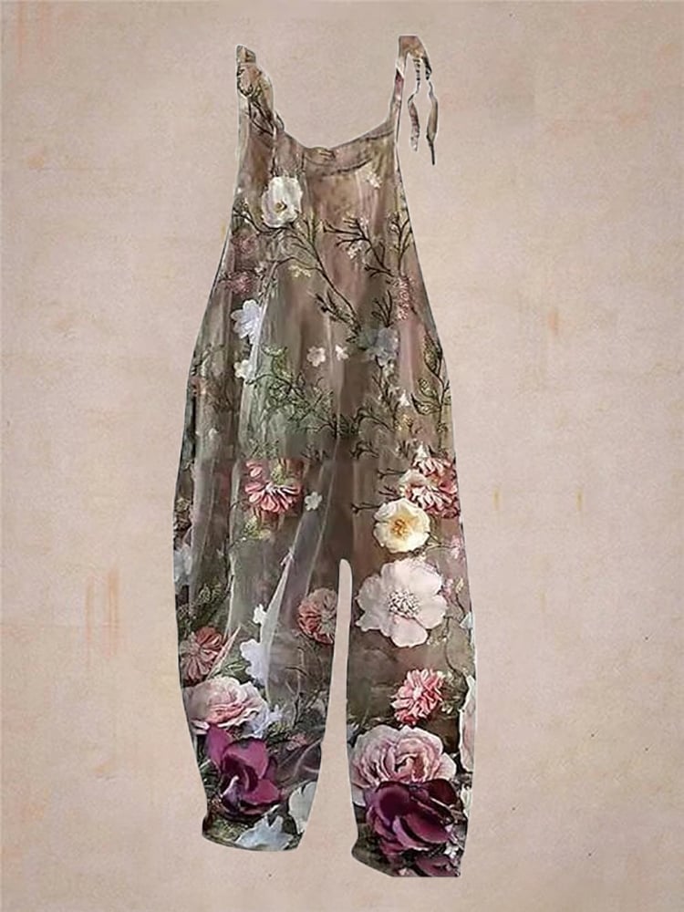 Women'S Print Floral Crew Neck Casual Jumpsuit