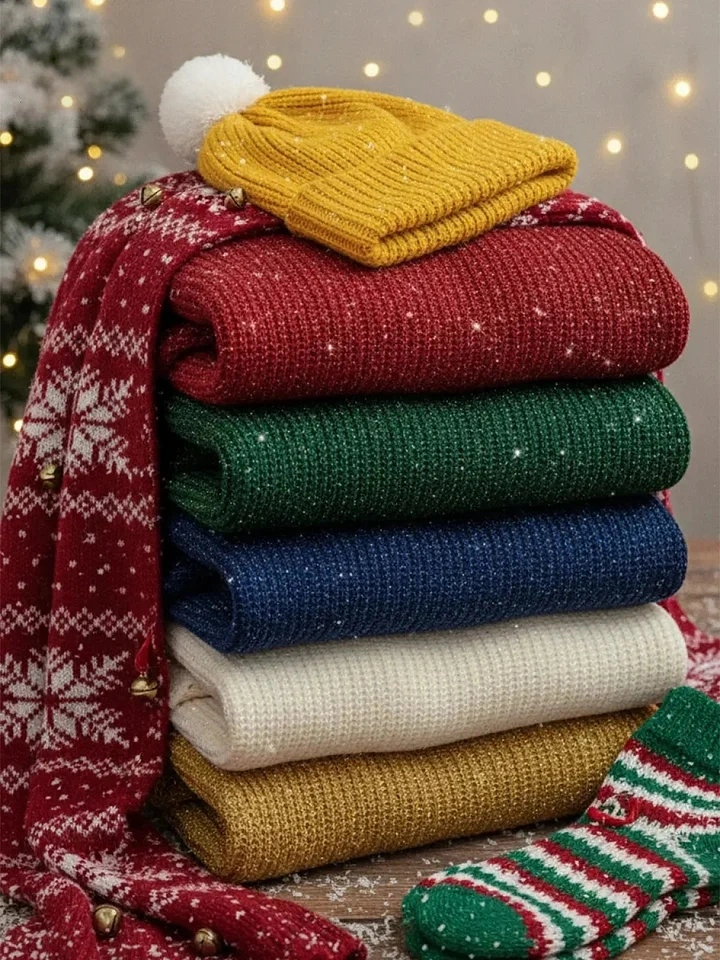 🌲 SALE🔥 Christmas Sparkling Cozy V-neck Lantern Sleeve Knit Sweater