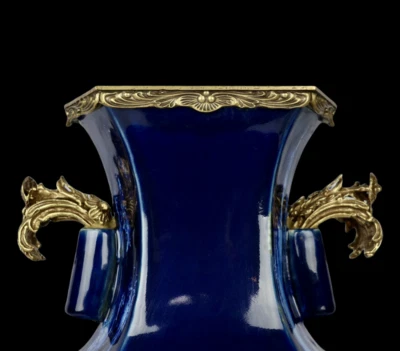 41CM Yongzheng Signed Old Chinese Blue Glaze Yaobian Kiln Vase w/ear N4011