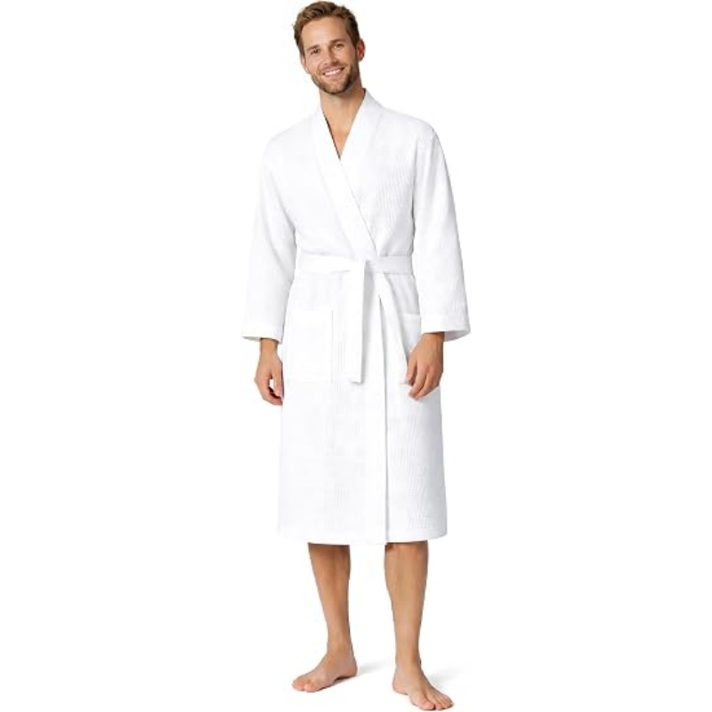 Turkish Linen Men's Waffle Bathrobe Lightweight Kimono Spa Robe