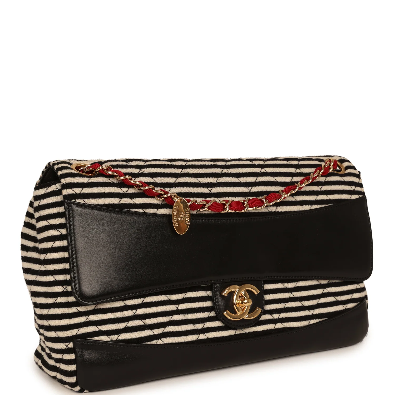 CHANEL Jumbo Coco Sailor Flap Bag Navy Blue, Lambskin, White, Navy Blue Jersey Gold Hardware