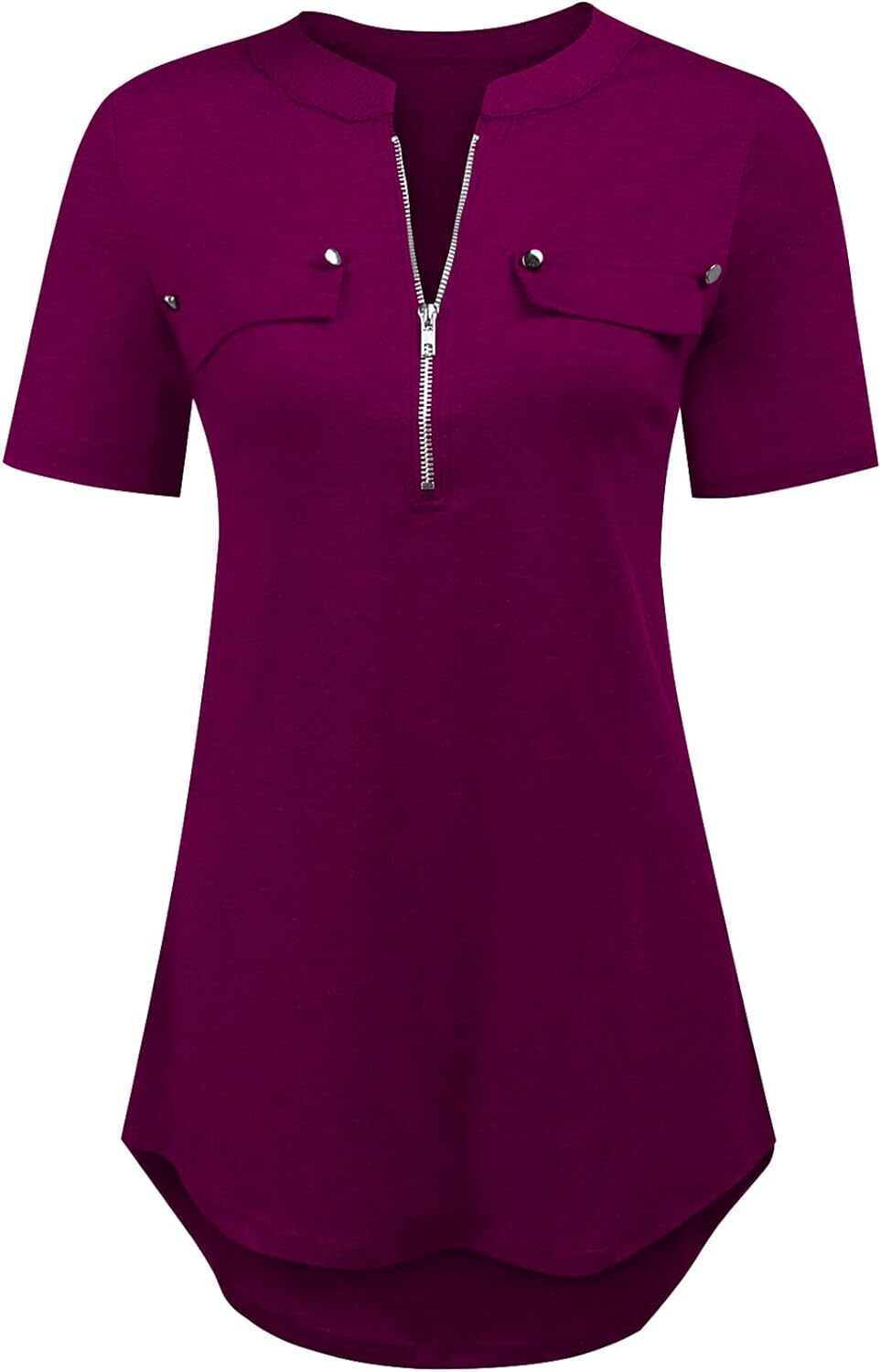 Damen Kurzarm Zip Quaste Long Shirt Business Casual Arbeit Büro Shirt