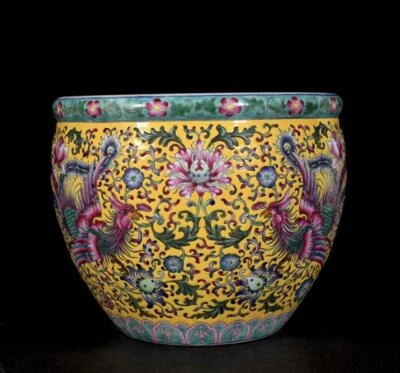 26CM Qianlong Signed Old Chinese Colour Enamel Pot Jar W/phoenix N3648