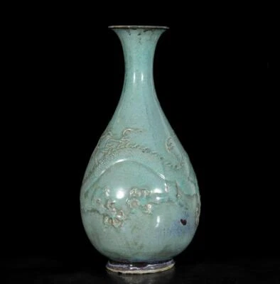 40CM Old Chinese Green Color Vase W/dragon N3446