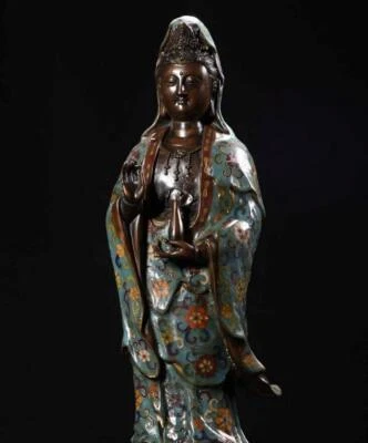 45CM Old Chinese Cloisonne Enamel Bronze Statue w/Guanyin Buddha N3529