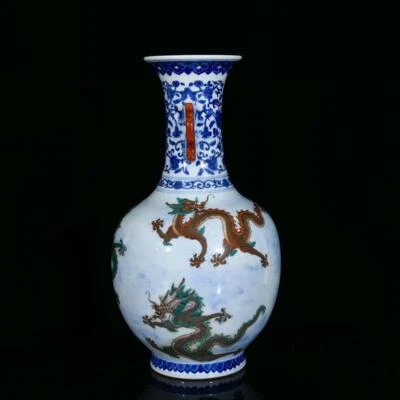 35CM Qianlong Singed Old Chinese Doucai Vase W/dragon N3330