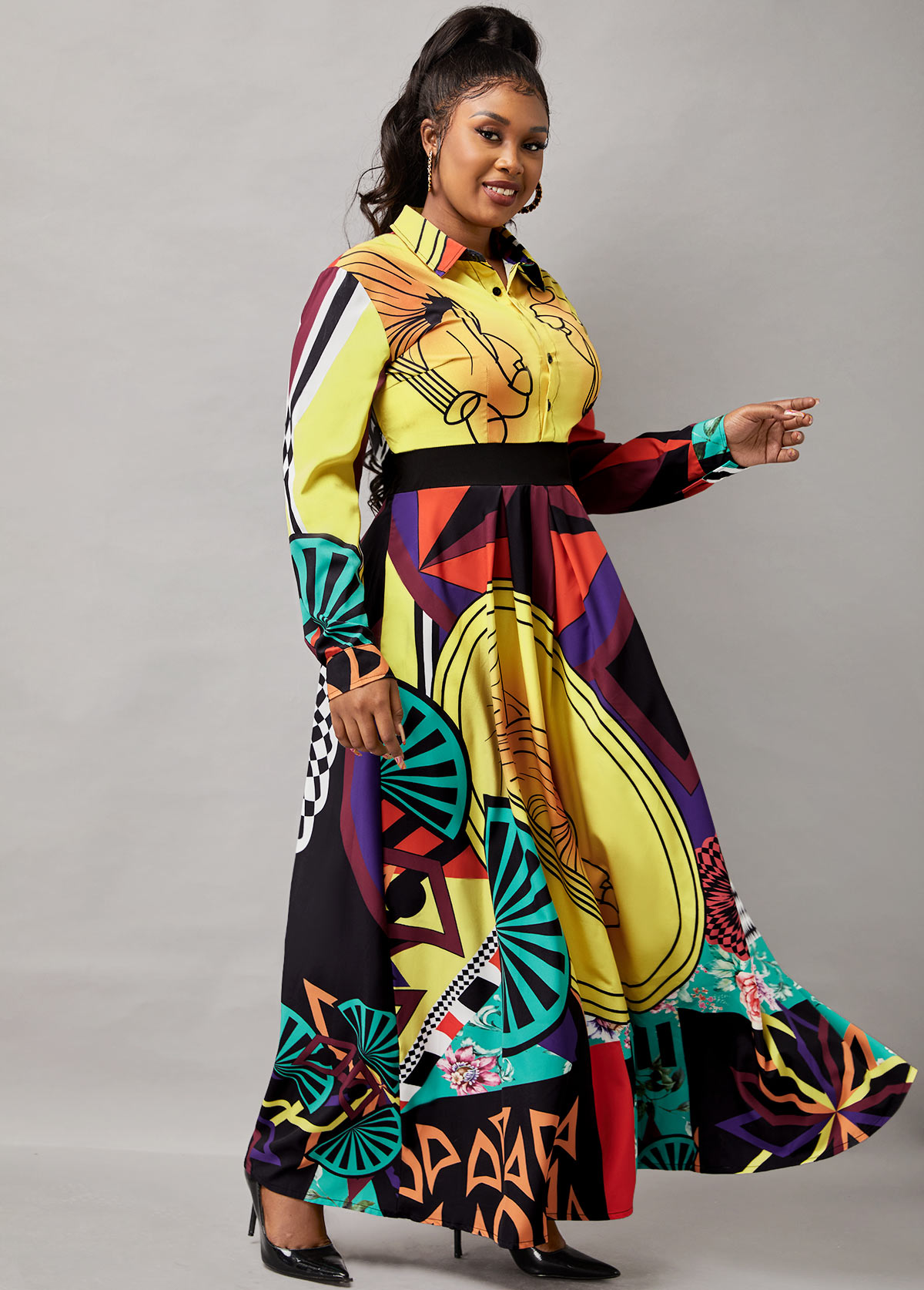 Printed Button Up Long Sleeve Turndown Collar Dress