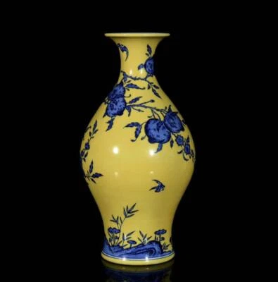 36CM Yongzheng Singed Old Chinese Yellow Glaze Blue&White Vase W/peach N3329
