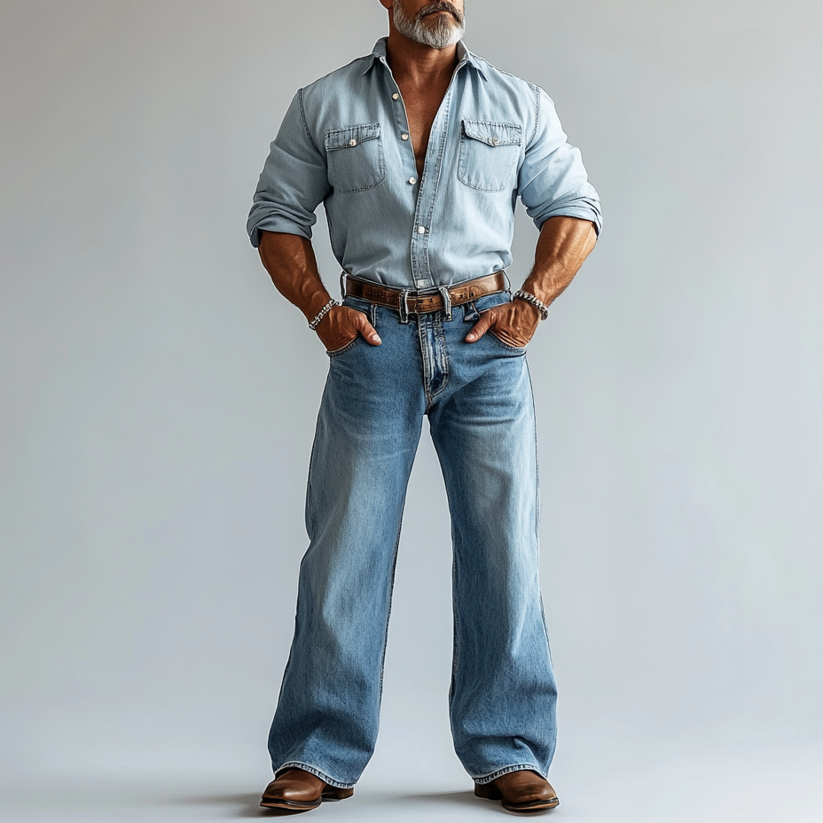 Men's Casual Washed Denim Pocket Wide Leg Jeans