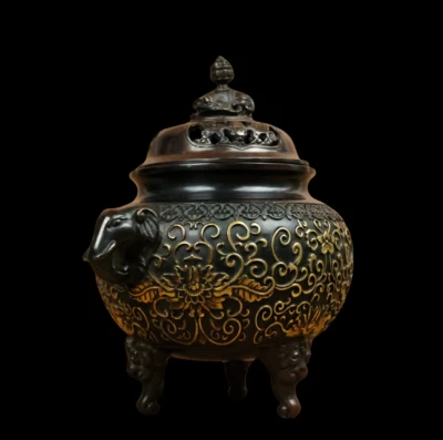 Xuande Signed Chinese Red Copper Gilding Handmade Incense Burner w/flower N3779