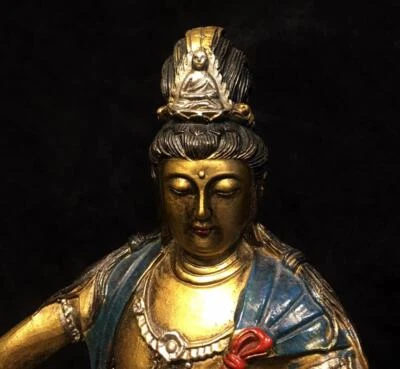 21CM Old Chinese Bronze Gilding Statue Guang Yin Buddha Q118