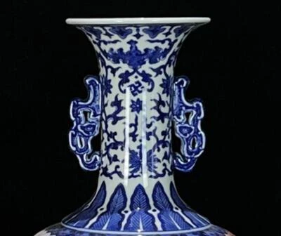 34CM Qianlong Signed Old Chinese Iron Red Blue and White Vase W/ bamboo N493