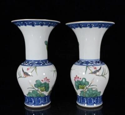 Qianlong Signed Pair Old Chinese Famille Rose Vase W/bird N446