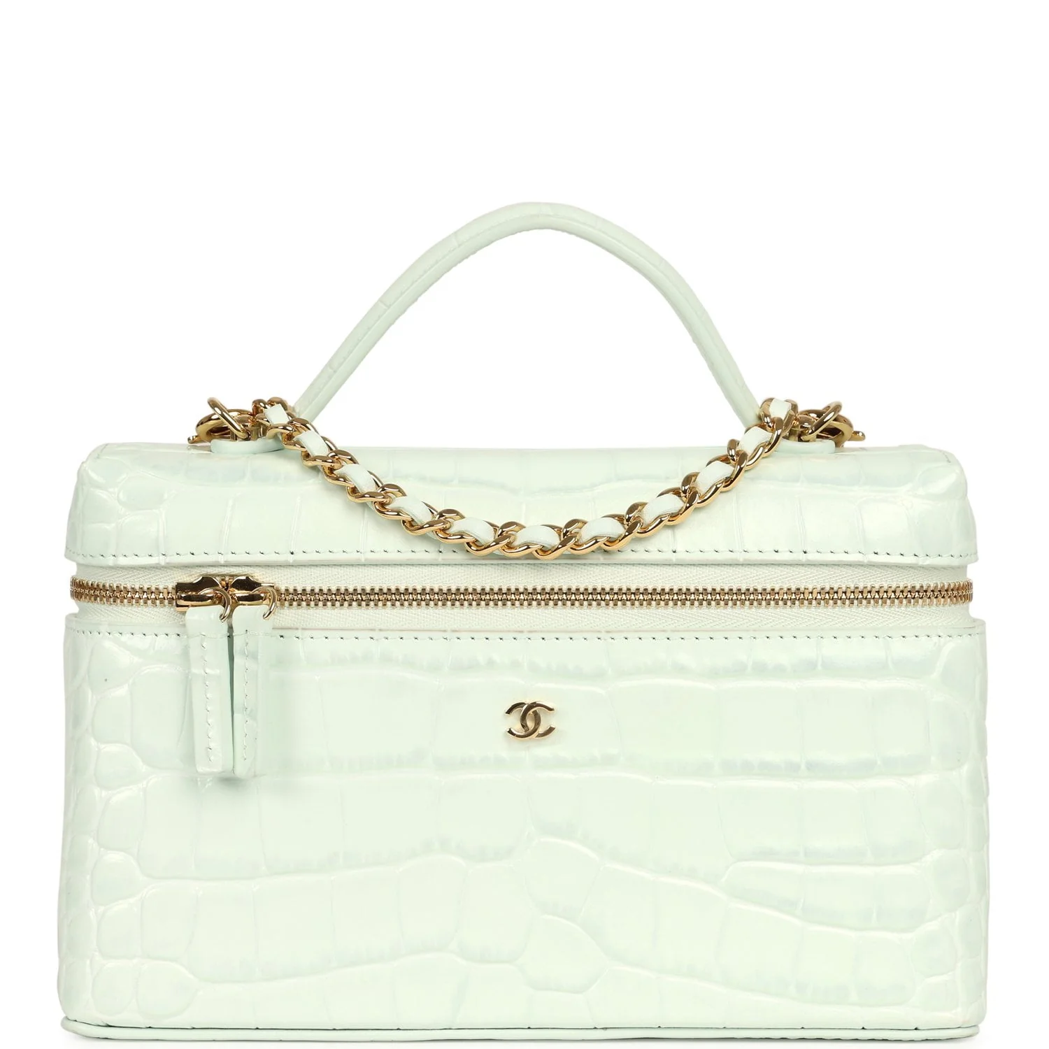 Chanel Top Handle Long Vanity Case with Chain Mint Croc Embossed Calfskin Gold Hardware