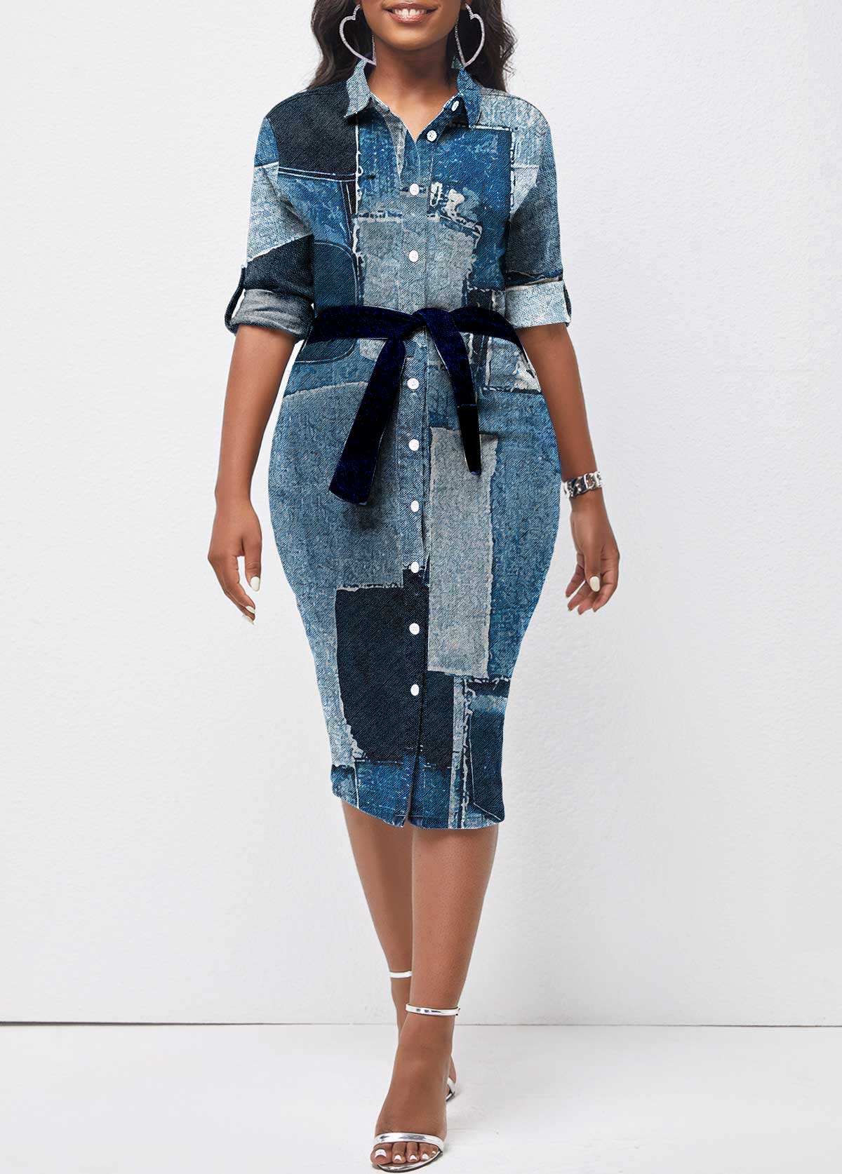 Button Belted Denim Look Print Midi Dress