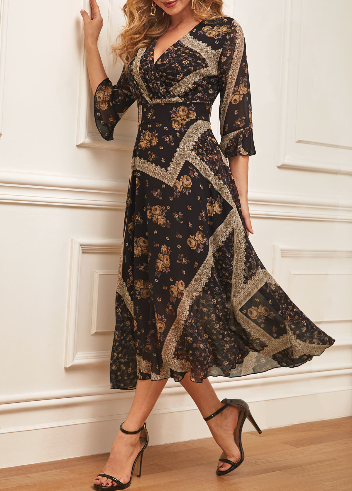 Black Chiffon Floral Print V Neck Dress
