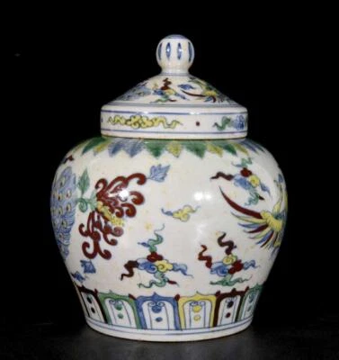 Chenghua Signed Old Chinese Doucai Lid Pot W/peacock N3299