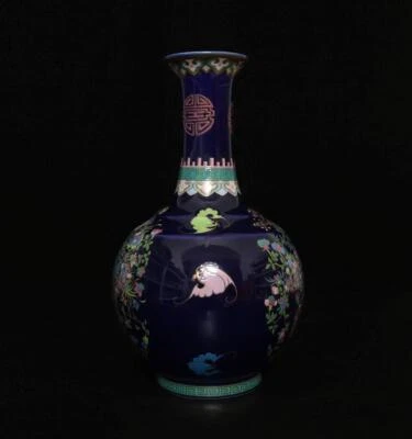 Qianlong Signed Antique Chinese Blue Glaze Famille Rose Vase W/flowers