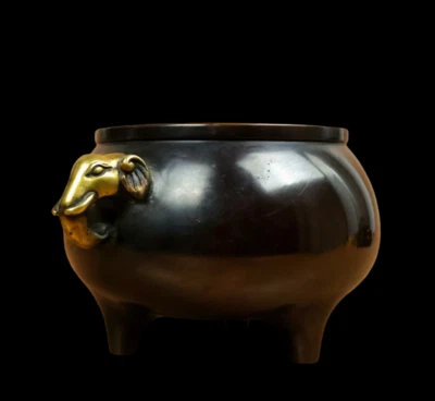 Chongzhen Signed Chinese Red Copper Handmade Incense Burner w/elephant N3777