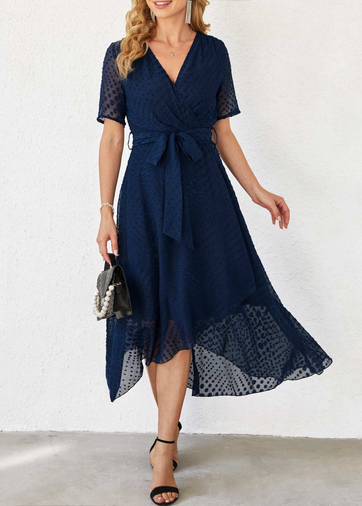 Chiffon Cut Flowers Belted Navy Blue Dress
