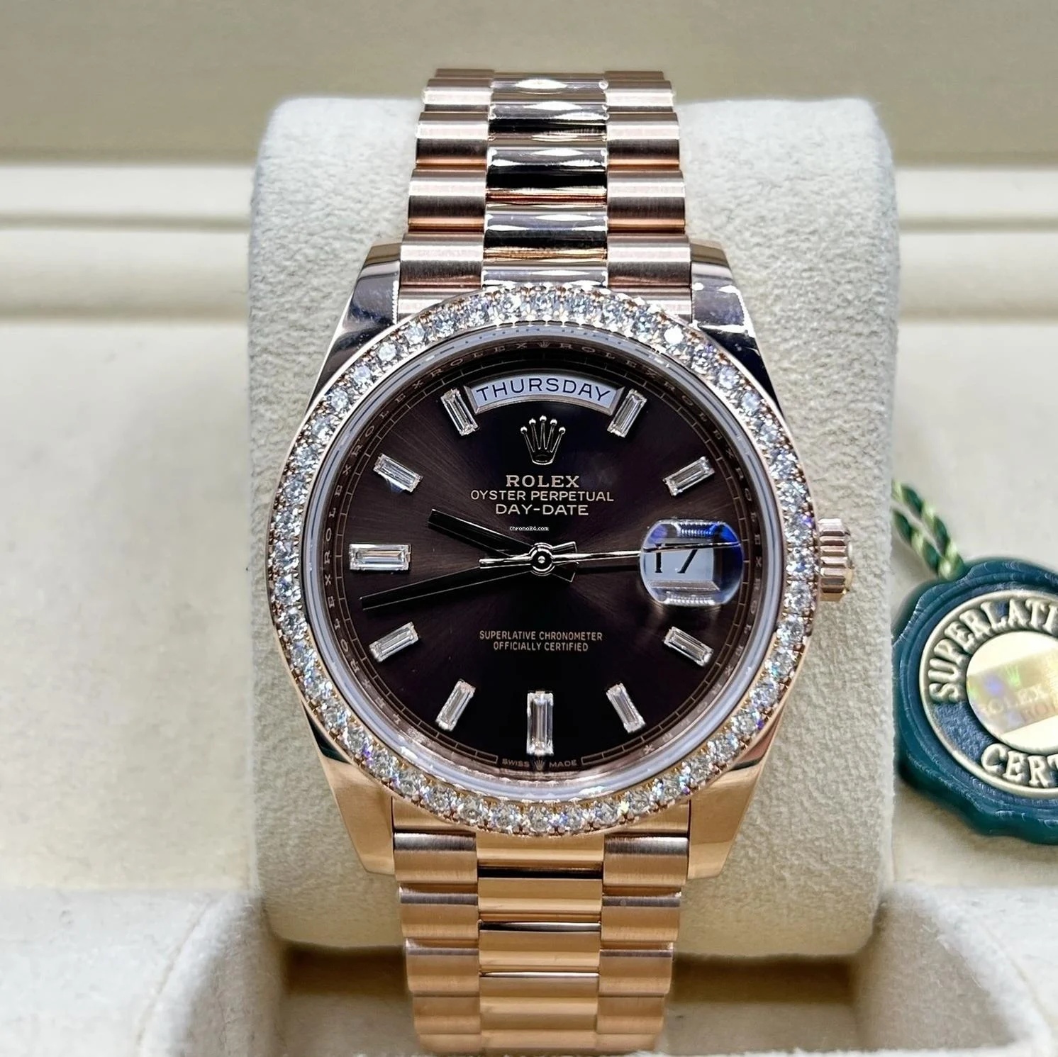 RLX  Day-Date 40mm Chocolate Baguette Diamond Dial Diamond Bezel Dial Watch 228345RBR