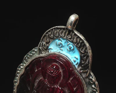 50G Chinese Carved Nephrite Crystal Pendant Inlay Tibet Silver