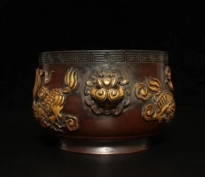 Chongzhen Signed Old Chinese Red Copper Gilding Incense Burner w/lion