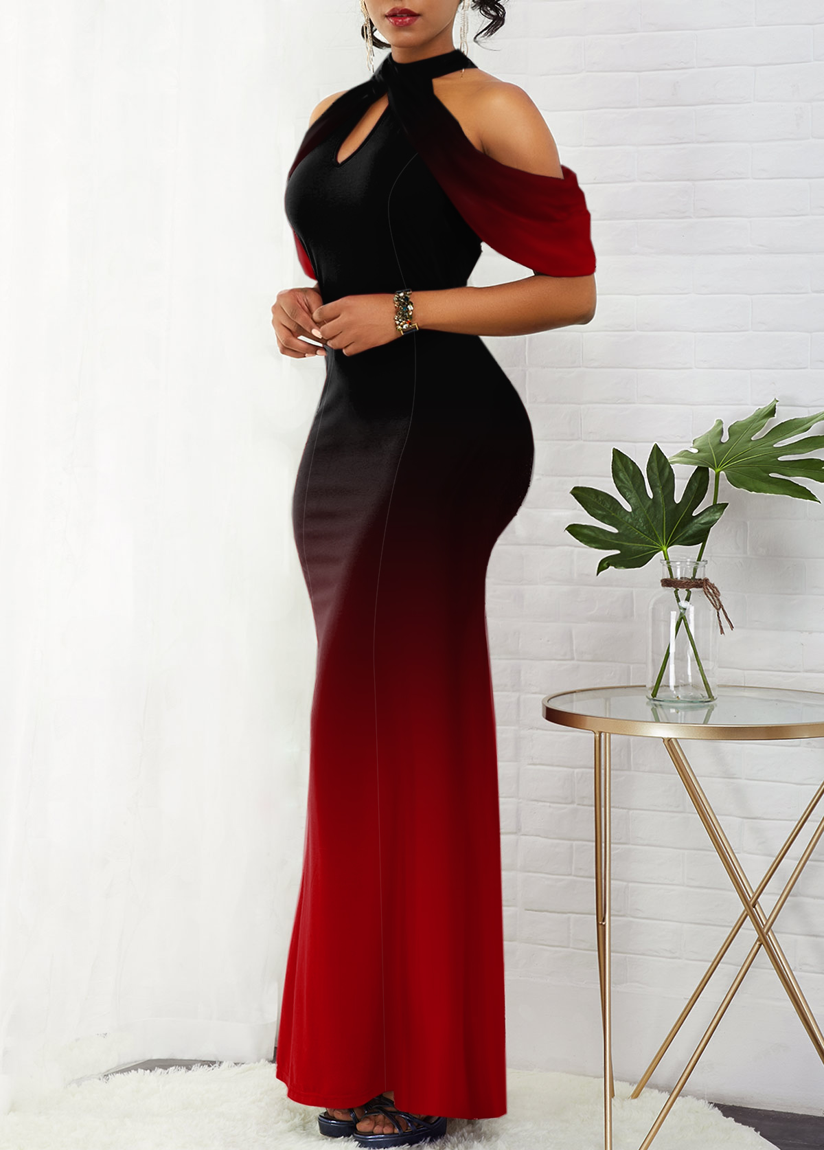 Ombre Bib Neck Cold Shoulder Mermaid Dress