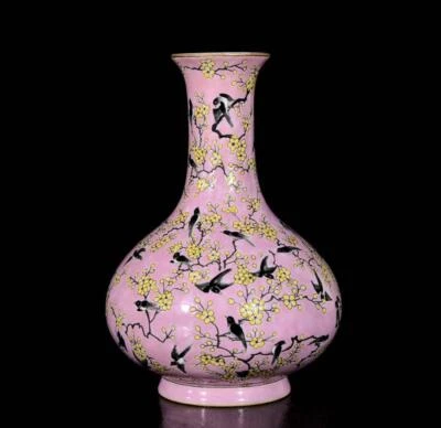 Pair Yongzheng Signed Old Chinese Famille Rose Vase W/plum blossom N3355