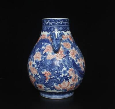 34CM Qianlong Singed Old Chinese Blue & White Porcelain Zun Vase w/ dragon