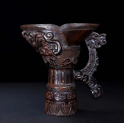 Qianlong Signed Old Chinese Cow Statue Cup w/dragon N4158