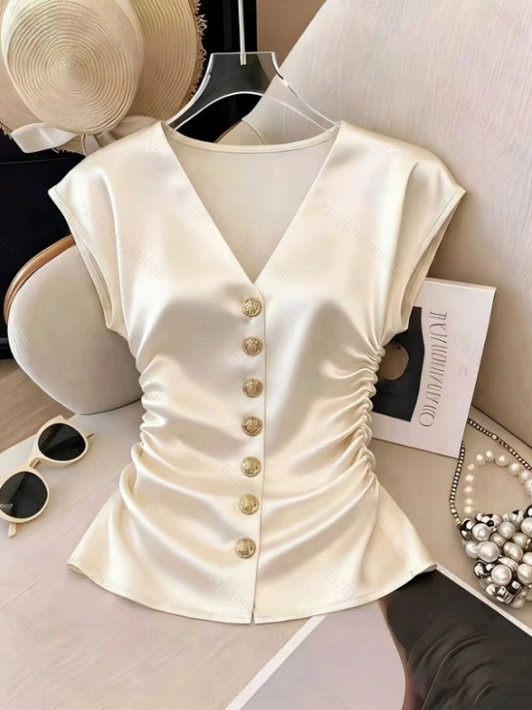 France style fold V-neck pure satin shirt