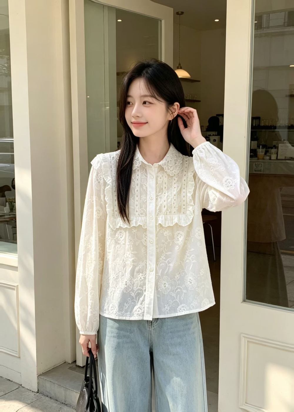 Long sleeve lotus leaf edges shirt lapel tops for women