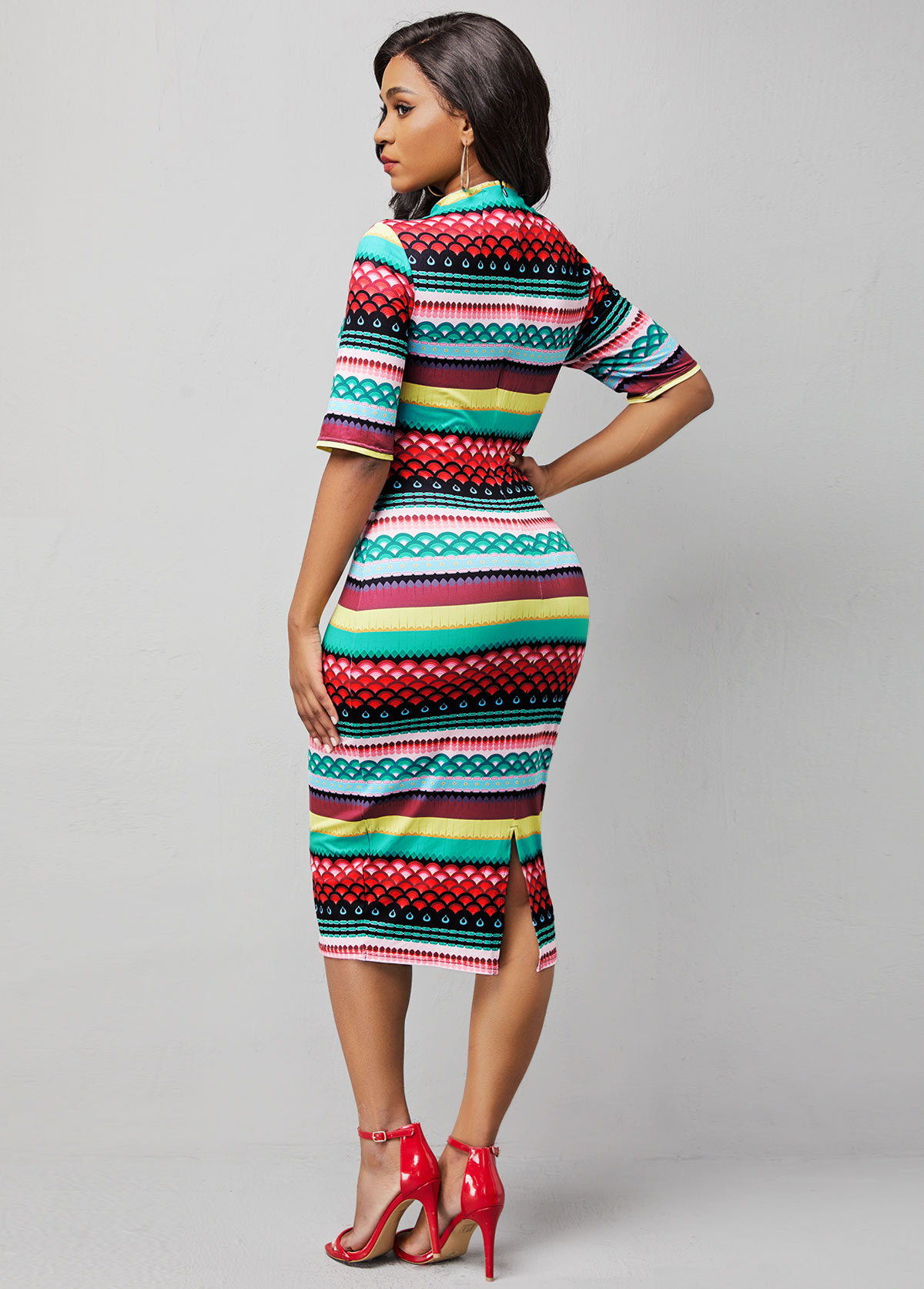 Mock Neck Tribal Print Half Sleeve Bodycon Dress