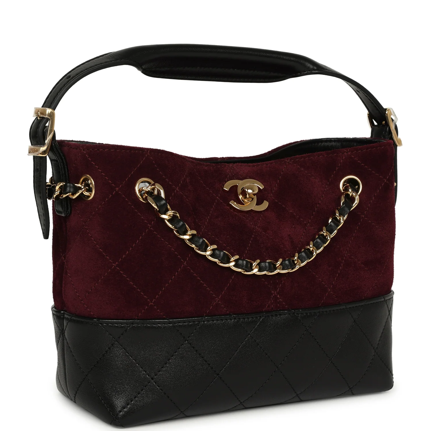 CHANEL Mini Coco Base Bag Burgundy Suede, Black Lambskin Gold Hardware