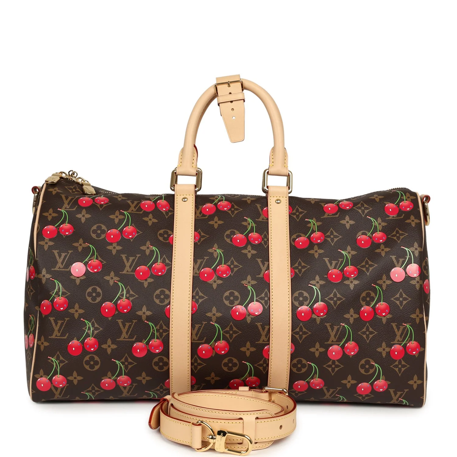 LOUIS VUITTON × Takashi Murakami Cerises Keepall Bandoulière 45 Red, Brown Monogram Cherry Gold Hardware