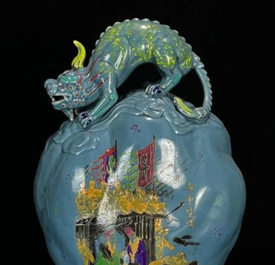 36CM Old Chinese Guan Kiln Statue w/dragon N864