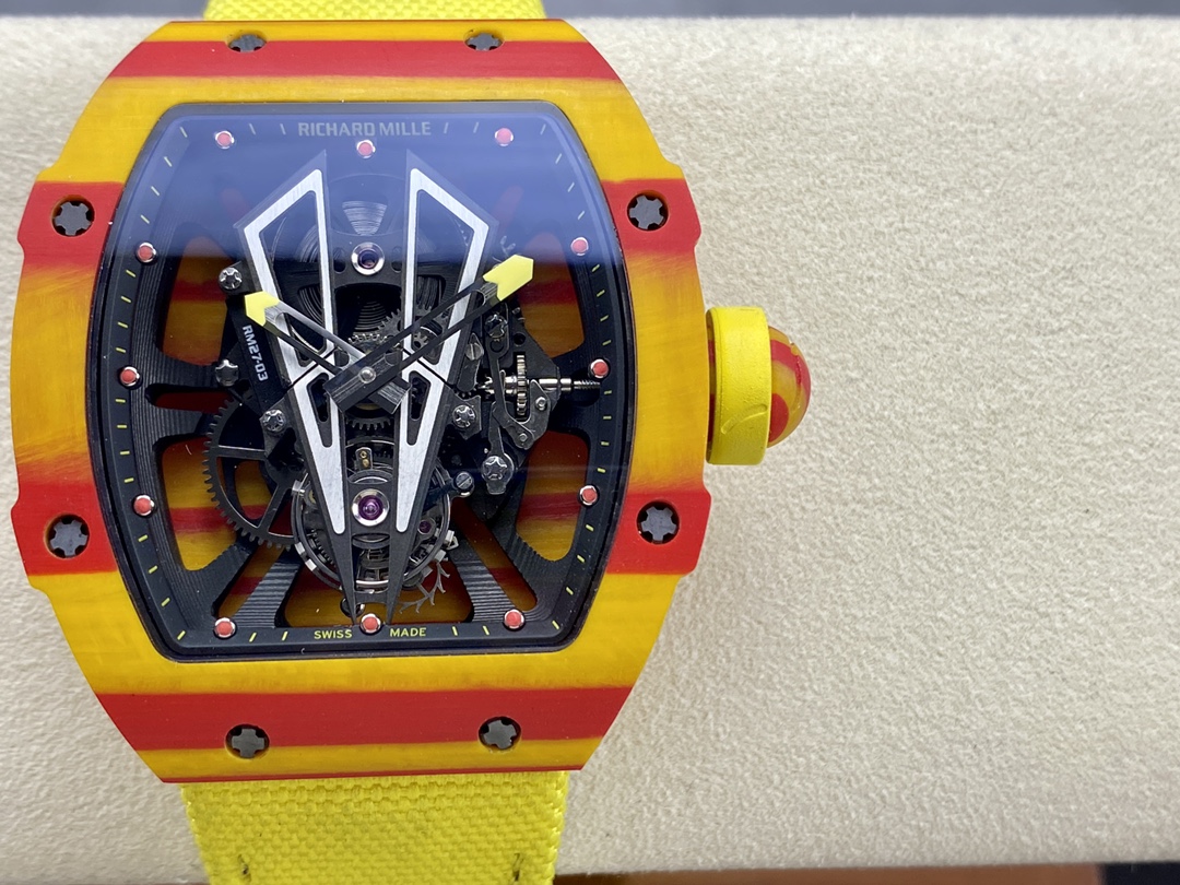 【7A Quality】Best Swiss Replica Richard Mille RM 27-03 Red Yellow Carbon Fiber Watch
