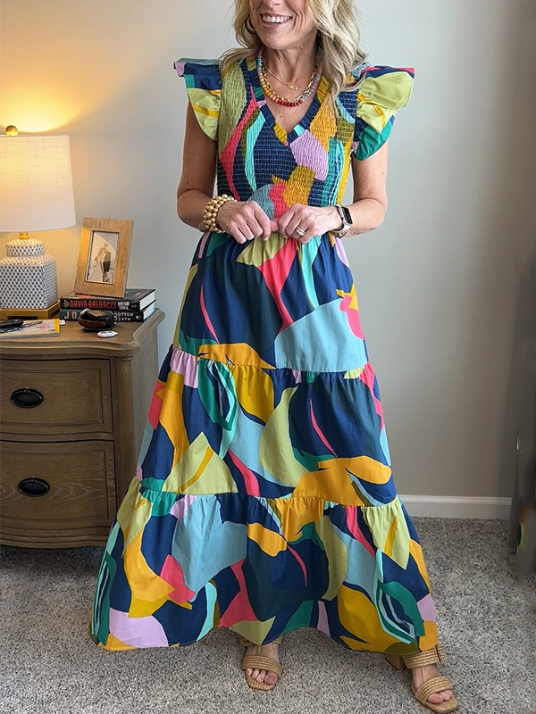 NEW🔥 Ruffle Sleeve Stretch Colorful Printed Dress