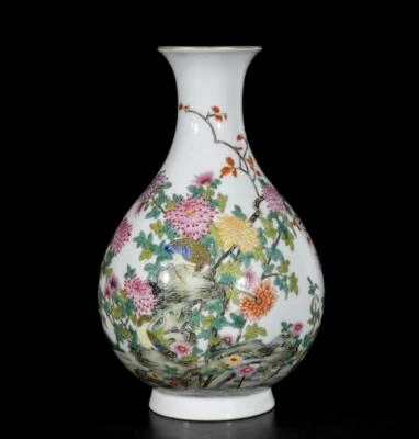 Pair Yongzheng Signed Old Chinese Colour Enamel Vase W/flower N3228