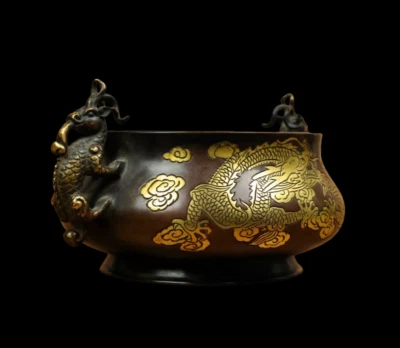 Xuande Signed Old Chinese Red Copper Handmade Incense Burner w/dragon N3868